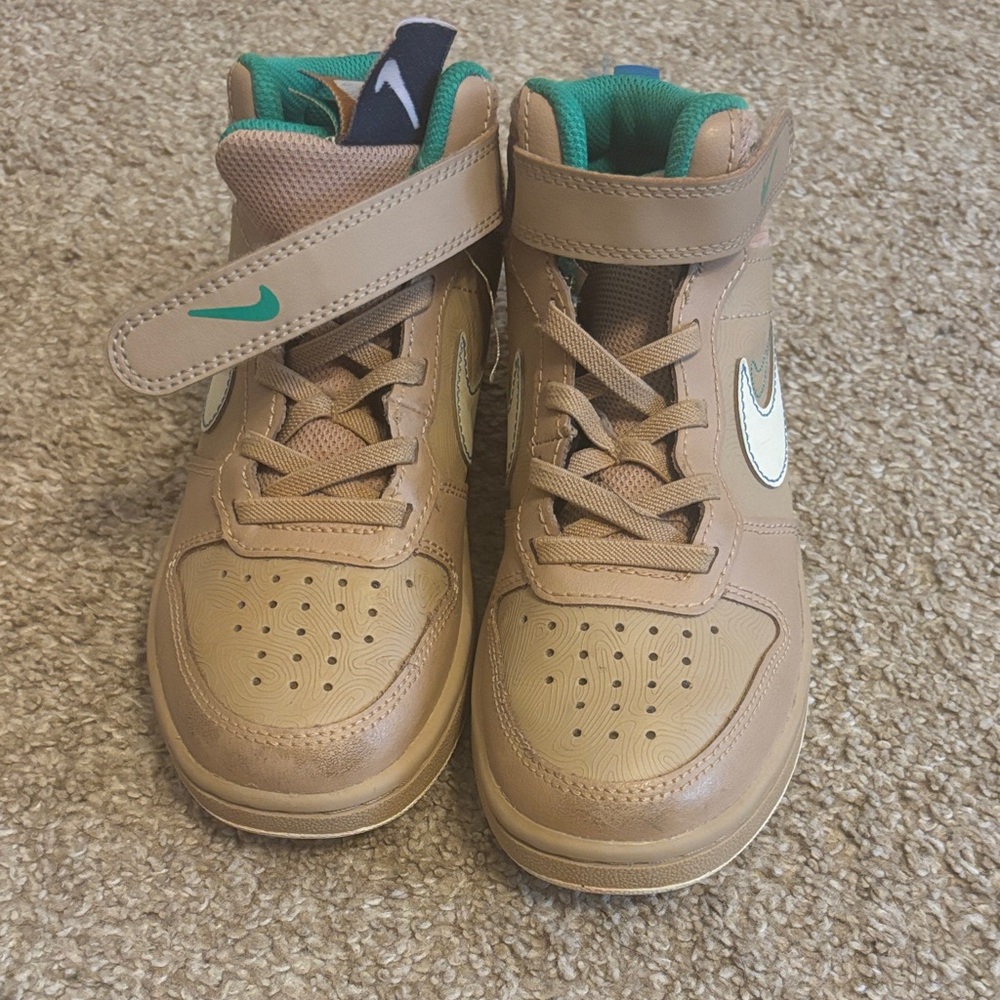 Nike Kids Tan High-Top Sneakers with Green Interior and Teal Swoosh